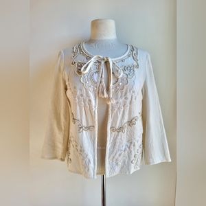 Beaded Detailed Embroidered Ivory Cream Cotton Cardigan Small